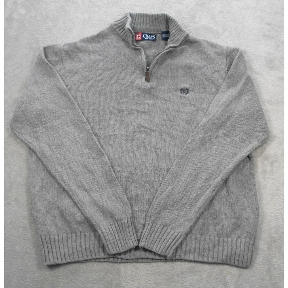 Chaps Sweater Mens Large  1/4 Zip Long Sleeve Mock Neck Gray Pullover